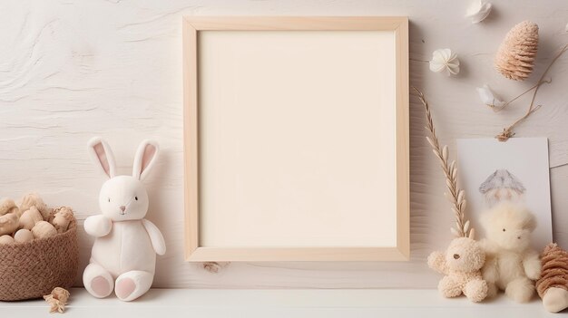 Foto schattige teddybeer met een wit houten frame lege ruimte voor tekst