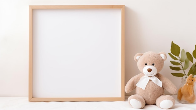 schattige teddybeer met een wit houten frame lege ruimte voor tekst