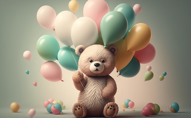 schattige teddybeer met kleurrijke ballonnen op pastel achtergrond