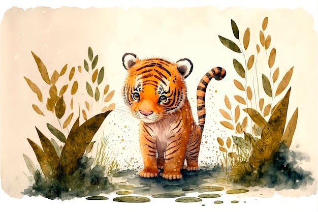 Schattige tijgerwelpen die midden in het bos staan Aquarel schilderij van schattige tijger wilde dieren