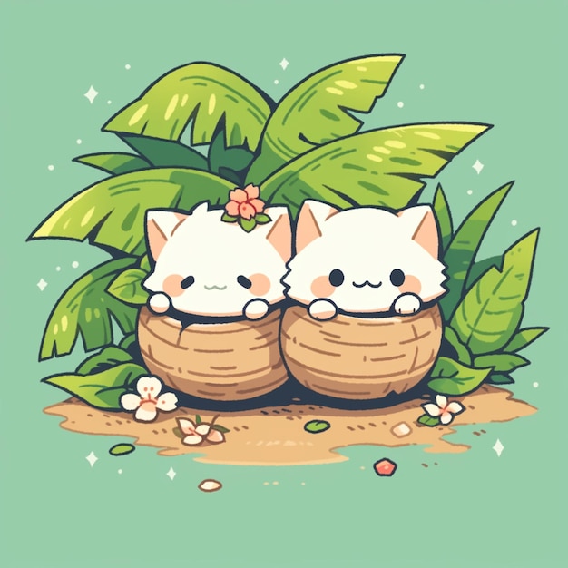 schattige tweelingkat met kokosnoot