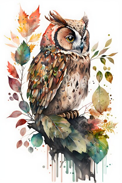 schattige uil zittend op de tak met de inscriptie herfst herfstbladeren. aquarel stijl