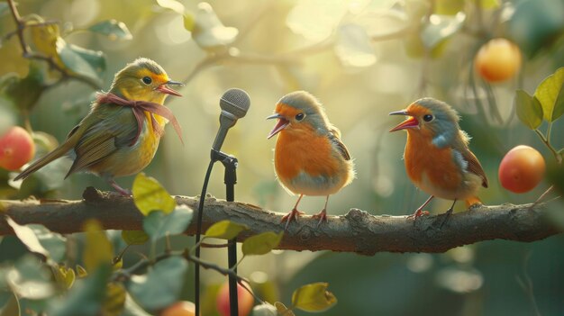 Foto schattige vogels ik met microfoon op de boom zingen songsspring concept