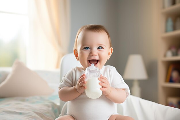 schattige, vrolijke kleine baby die een zuigfles met melk vasthoudt en lacht. Melkformule voor baby's