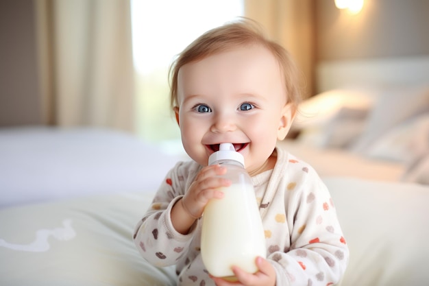 schattige, vrolijke kleine baby die een zuigfles met melk vasthoudt en lacht. Melkformule voor baby's