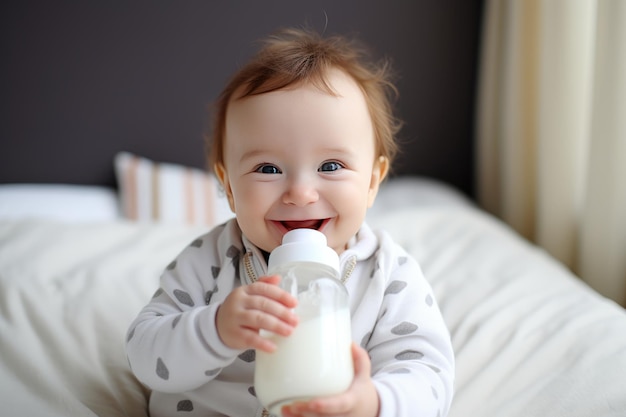 Foto schattige, vrolijke kleine baby die een zuigfles met melk vasthoudt en lacht. melkformule voor baby's