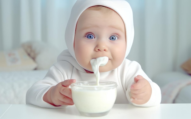 Schattige witte dappere baby probeert nieuwe babyvoeding close-up geïsoleerd op een witte achtergrond