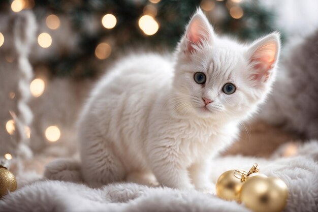 Foto schattige witte kat kerstmis decoratie scène