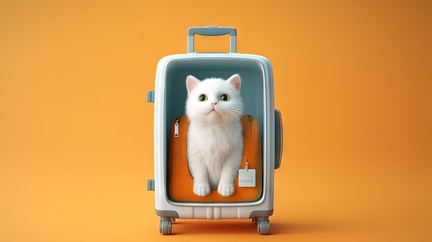 Schattige witte kat zit in de koffer Zoet pluizig katje is klaar om te reizen Gegenereerde AI