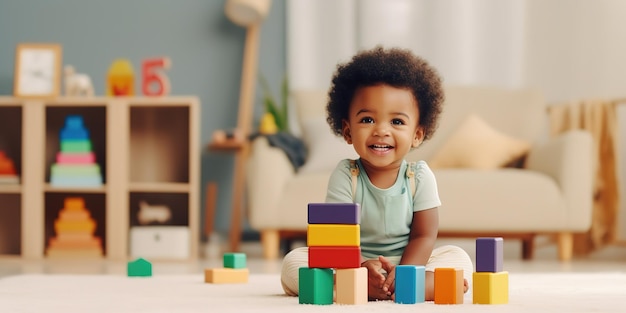 Schattige zwarte baby die thuis met stapelbouwstenen speelt terwijl hij op tapijt in de woonkamer zit