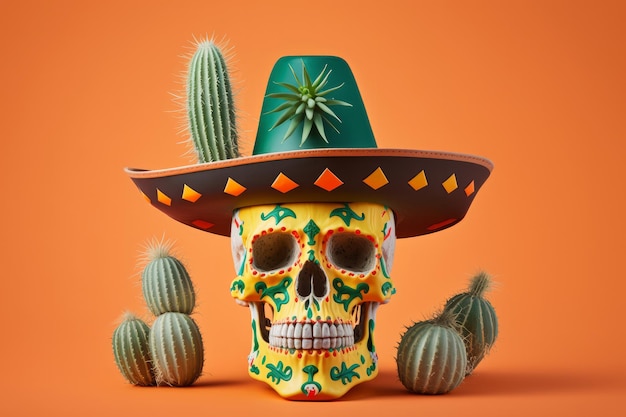 Schedel die een Mexicaanse sombrero draagt Mexico traditionele viering Generatieve ai