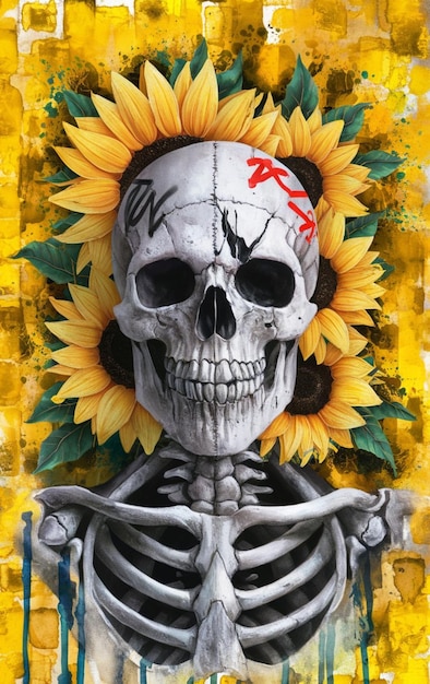 Foto schedel en omringende zonnebloem