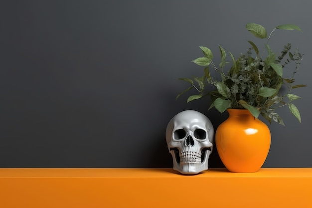 Schedel en vaas op oranje tafel met zwarte achtergrond