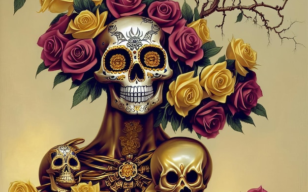 Schedel gemaakt van goud met bloemen en wijnstokken spookachtige achtergrond voor de dag van de doden