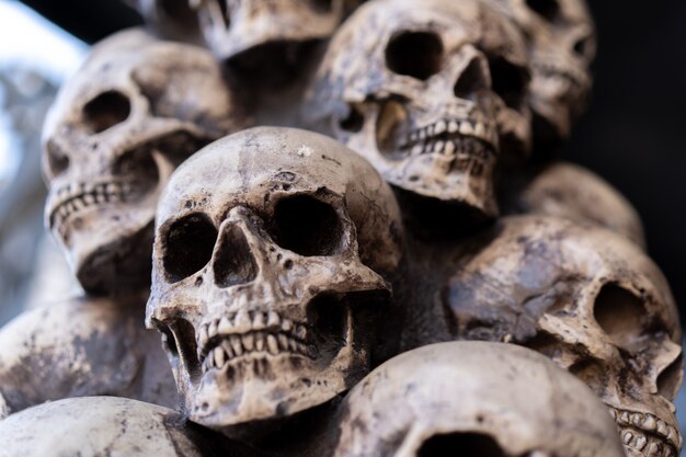 Schedel Halloween achtergrond Veel mensen schedels staan op elkaar. Mystiek griezelig concept. Abstracte nachtmerrie occulte gedenkteken.
