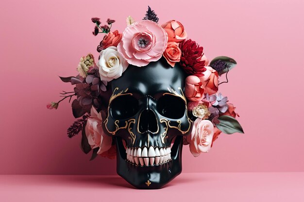 Foto schedel met bloemen creatief halloween bloemenconcept bloemen in een menselijke schedel op pastel achtergrond dode kop suiker schedel santa muerte mexicaanse dag der doden mode minimale kunst ai gegenereerde afbeelding