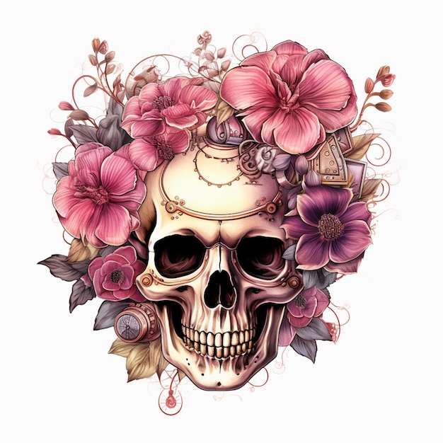 Foto schedel met bloemen en tandwielen op zijn hoofd generatieve ai