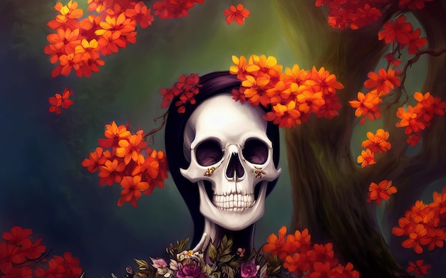Schedel met bloemen filmische creatieve achtergrond voor dag van de dode halloween