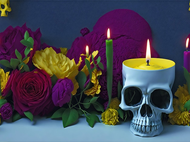 Foto schedel met bloemen kaarsen dag van het dode concept mexico