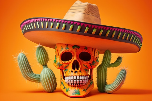 Schedel met een Mexicaanse sombrero Mexicaanse traditionele viering generatieve ai