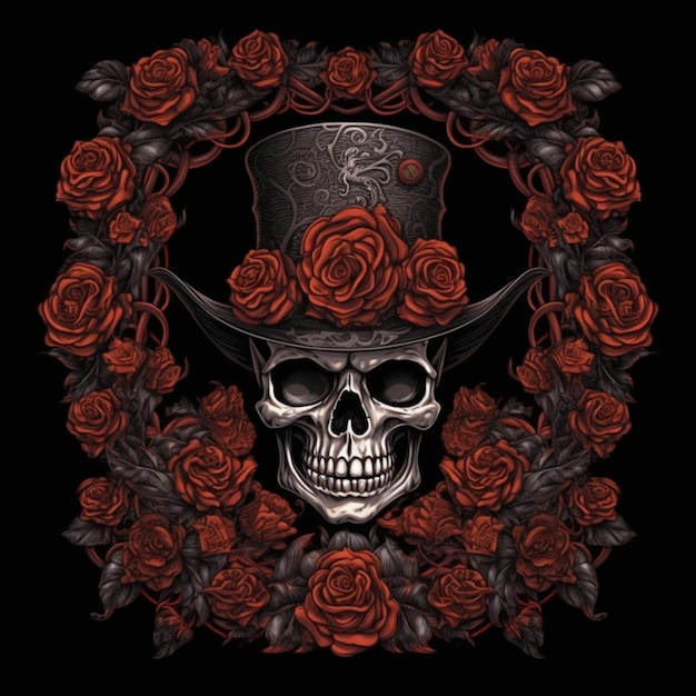 schedel met hoge hoed omringd door rozen en rozen generatieve ai