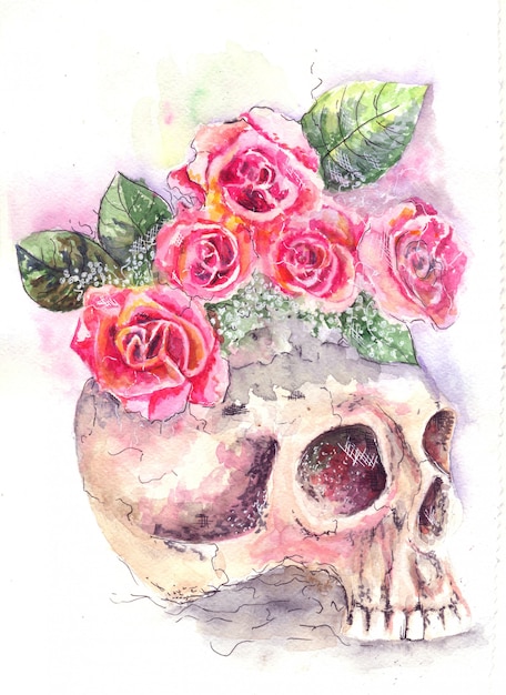 Schedel met roos krans aquarel illustratie