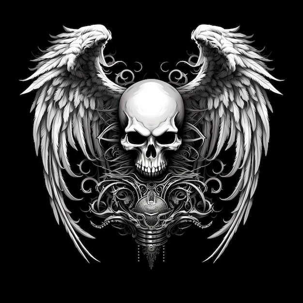 Schedel met vleugels logo tatoeage t-shirt ontwerp donkere kunst illustratie geïsoleerd op zwarte achtergrond