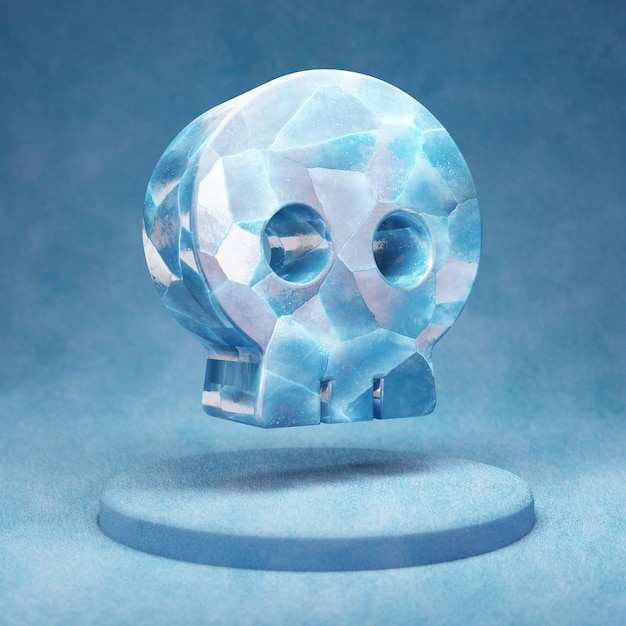 Schedel pictogram. gebarsten blauw ice skull-symbool op blauw sneeuwpodium. social media icon voor website, presentatie, ontwerpsjabloon element. 3d render.