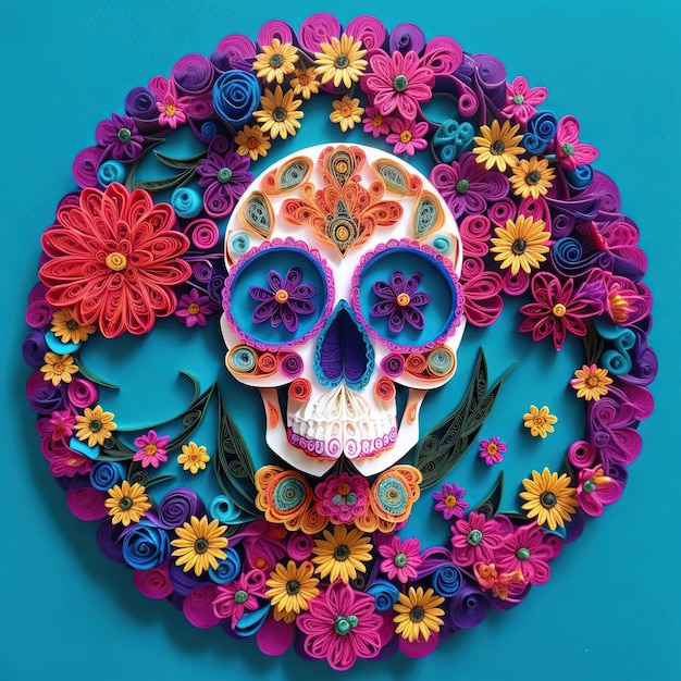 Foto schedelpapier quilling kunst met kleurrijke bloemenpatroon
