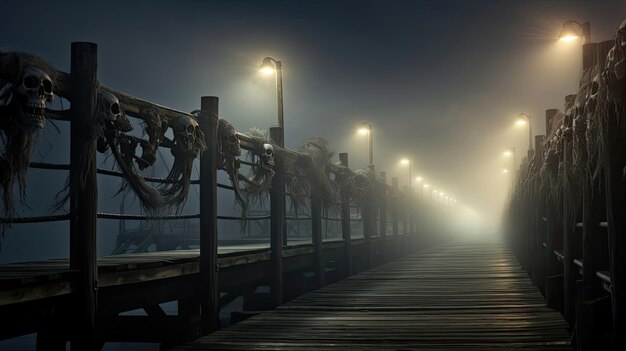 Schedels langs een met mist bedekte pier