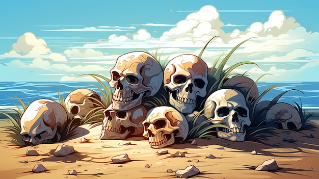 schedels opgestapeld op het strand voor achtergrondbehang