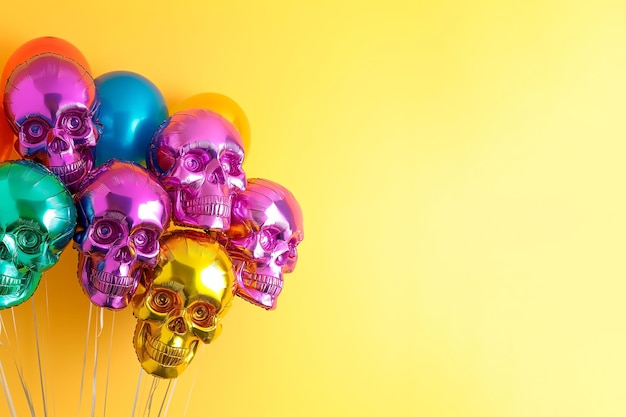 Schedelvormige heliumballen opblaasbare kleurrijke ballonnen in de vorm van een menselijke schedel op een pastel achtergrond Halloween feest skelet grappen en felicitaties