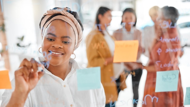 オフィスの黒人女性による創造的なメモと付箋によるスケジュールの議題と計画カレンダーの目標とミッションの問題解決と解決のための女性マネージャーによるビジョンクリエイティブとアイデア