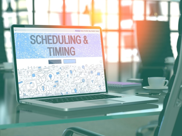 Scheduling and Timing Concept Closeup on Landing Page of Laptop Screen in Modern Office Workplace Toned Image with Selective Focus 3D Render