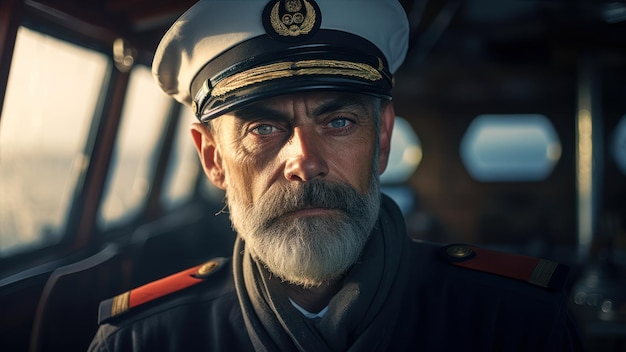 Foto scheepskapitein closeup portret van een zeekapitein in de hut van een schip