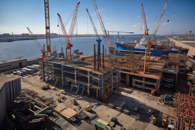 Scheepswerf met schip in aanbouw omgeven door kranen en ander materieel