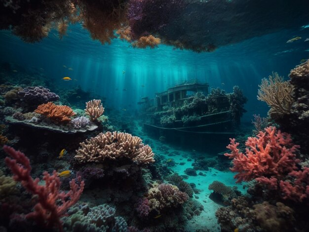 Scheepswrakken en koraalrif op de oceaanbodem