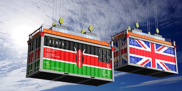 Scheepvaartcontainers met vlaggen van Kenia en het Verenigd Koninkrijk 3D-illustratie