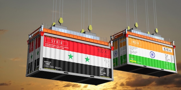 Scheepvaartcontainers met vlaggen van Syrië en India 3D-illustratie