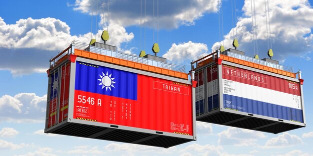 Scheepvaartcontainers met vlaggen van Taiwan en Nederland 3D-illustratie