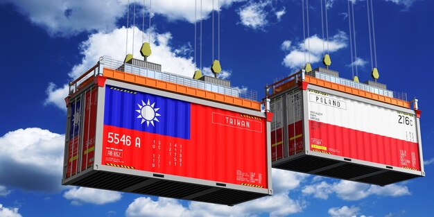 Scheepvaartcontainers met vlaggen van Taiwan en Polen 3D-illustratie