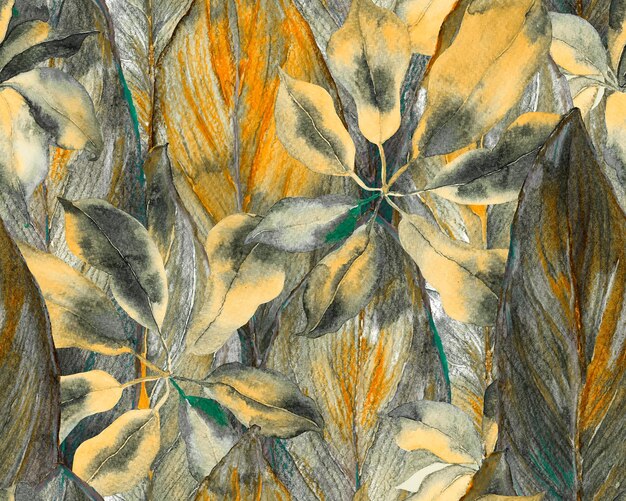 Photo schefflera arboricola seamless pattern. evergreen variegated walisongo plant with exotic flowers. botanical watercolor print. yellow and black schefflera actinophylla hayata repeated ornament