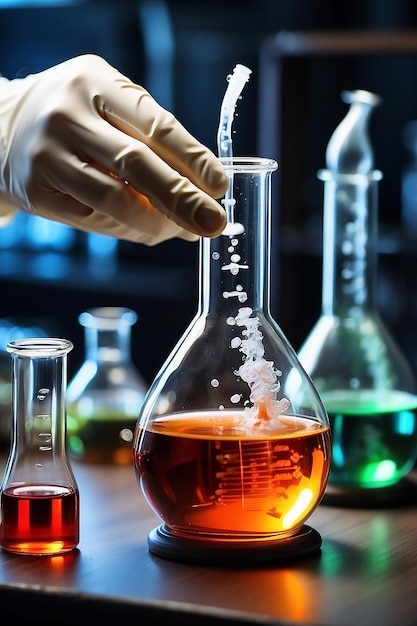 scheikundige wetenschapper die chemische vloeistof laat vallen in reageerbuiswetenschappelijk onderzoeks- en ontwikkelingsconcept