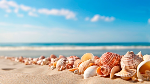 Schelpen en schelpen op een zandstrand met de oceaan op de achtergrond Generatieve AI