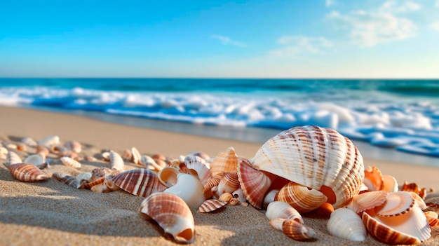 Schelpen en schelpen op een zandstrand met de oceaan op de achtergrond Generatieve AI