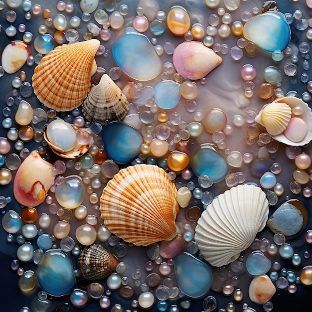 schelpen in een glazen kom met bubbels en bubbels in het water.