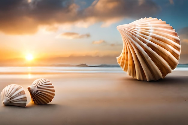 Schelpen op een strand met een zonsondergang op de achtergrond