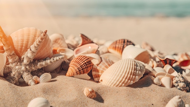 Schelpen op het strand waar de zon op schijnt