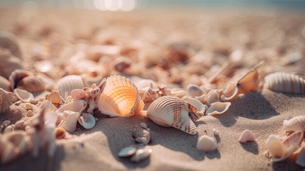 Schelpen op het strand waar de zon op schijnt