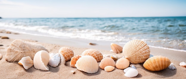 Schelpen op het zand van de zeekust Generatieve AI